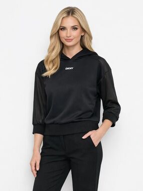 DKNY Women's Organza-Trim Hoodie Size L /Black/NWT/